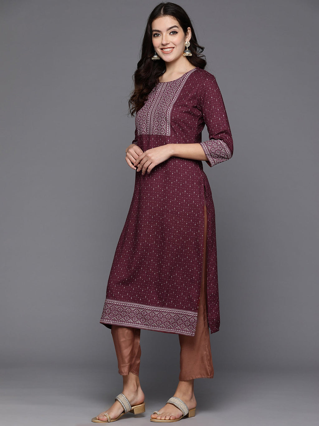 Indo Era Maroon Embellished Straight Kurta