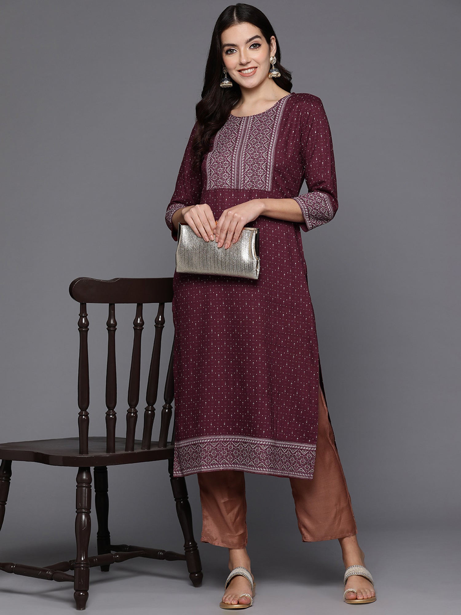 Indo Era Maroon Embellished Straight Kurta
