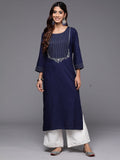 Indo Era Navy Blue Embroidered Straight Kurta