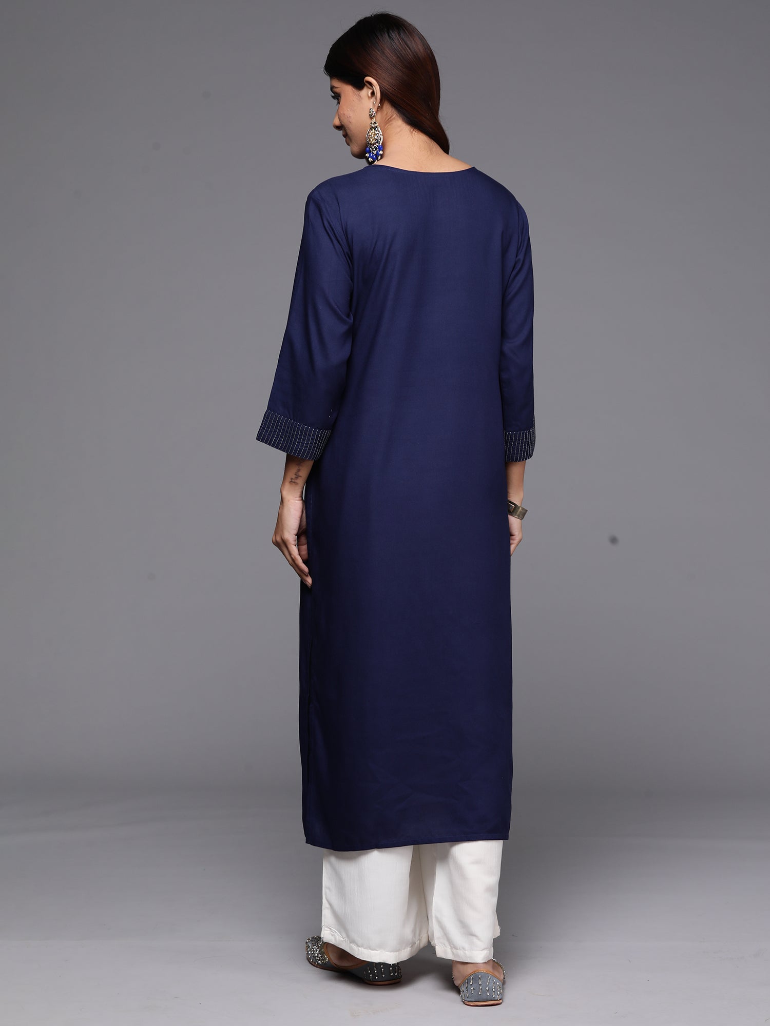 Indo Era Navy Blue Embroidered Straight Kurta