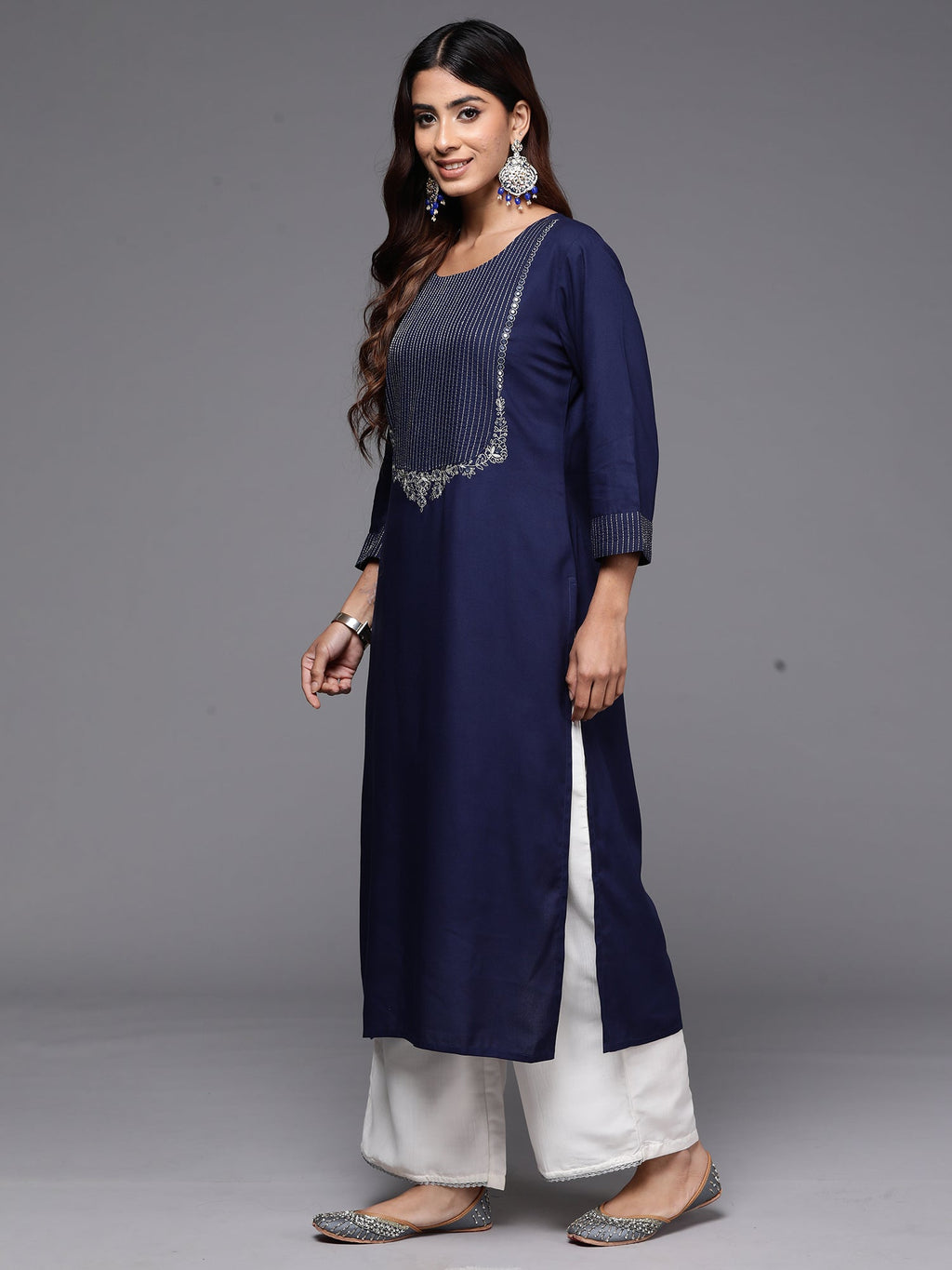 Indo Era Navy Blue Embroidered Straight Kurta