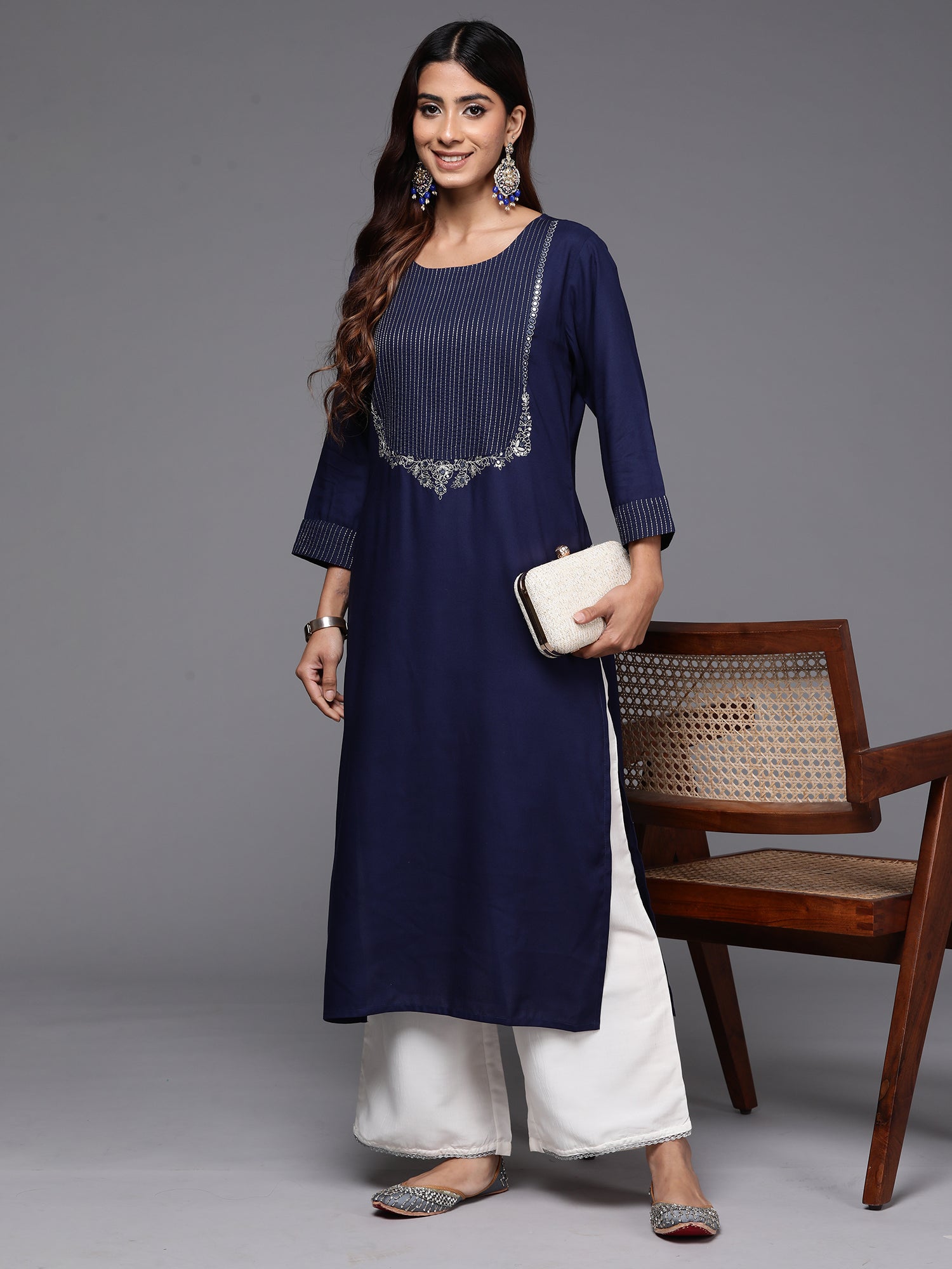 Indo Era Navy Blue Embroidered Straight Kurta