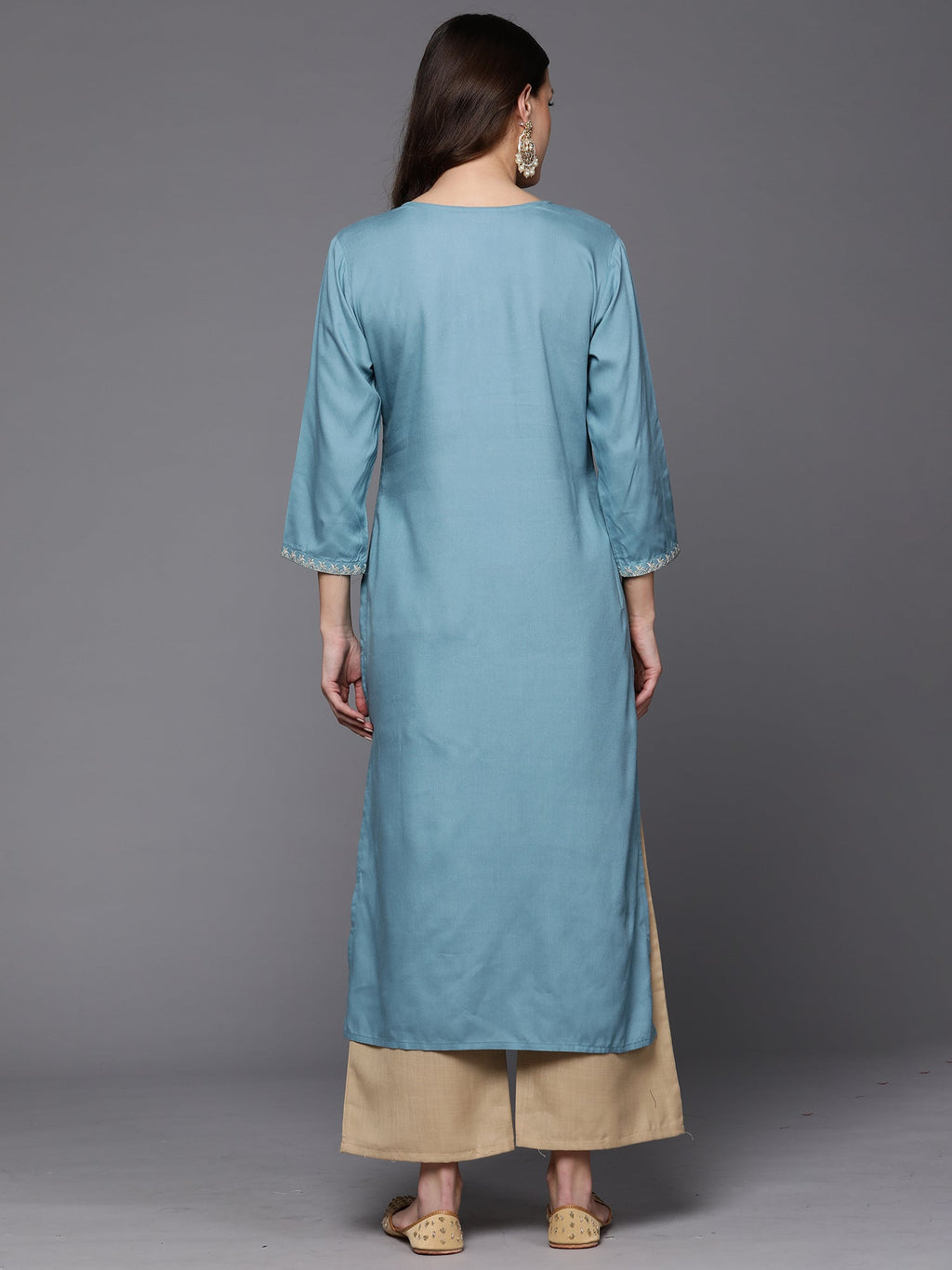 Indo Era Blue Embroidered Straight Kurta