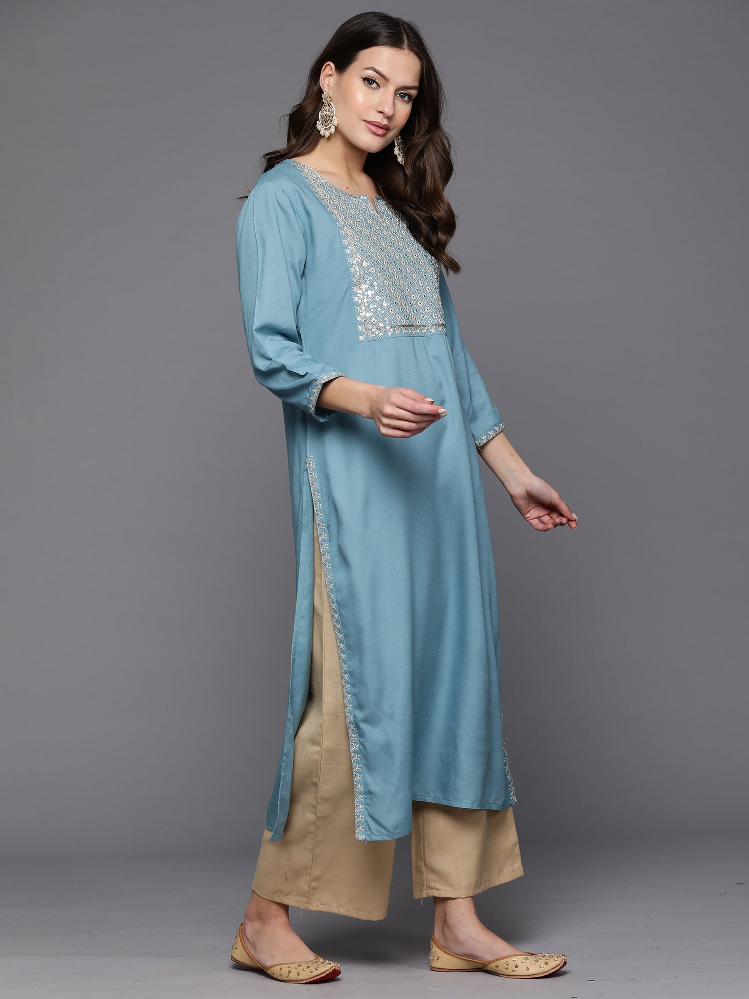 Indo Era Blue Embroidered Straight Kurta