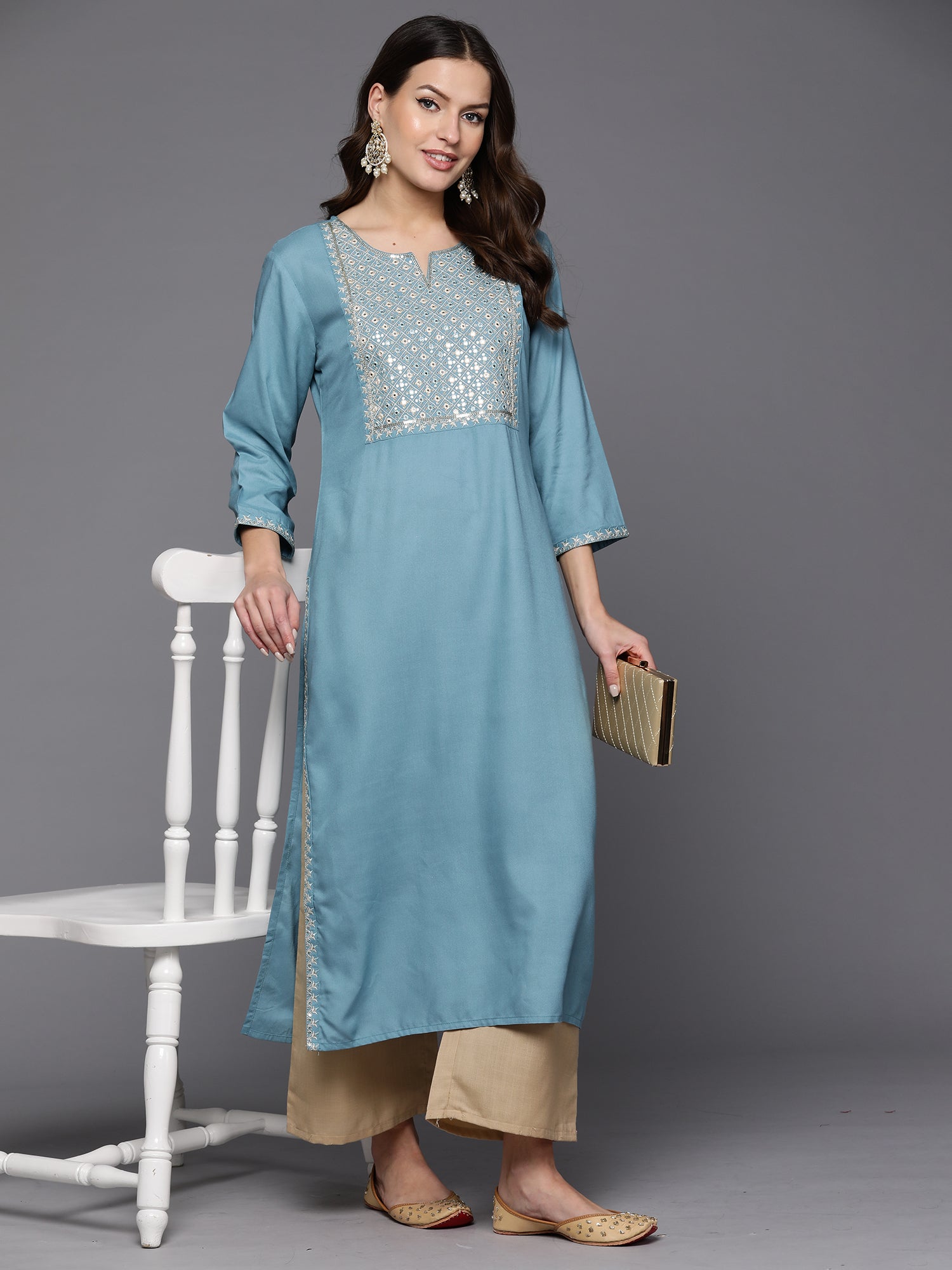 Indo Era Blue Embroidered Straight Kurta