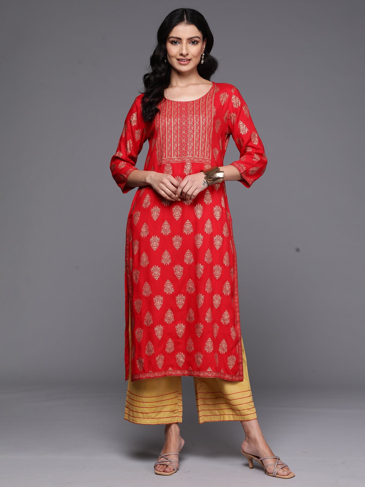 Indo Era Red Printed Straight Kurta