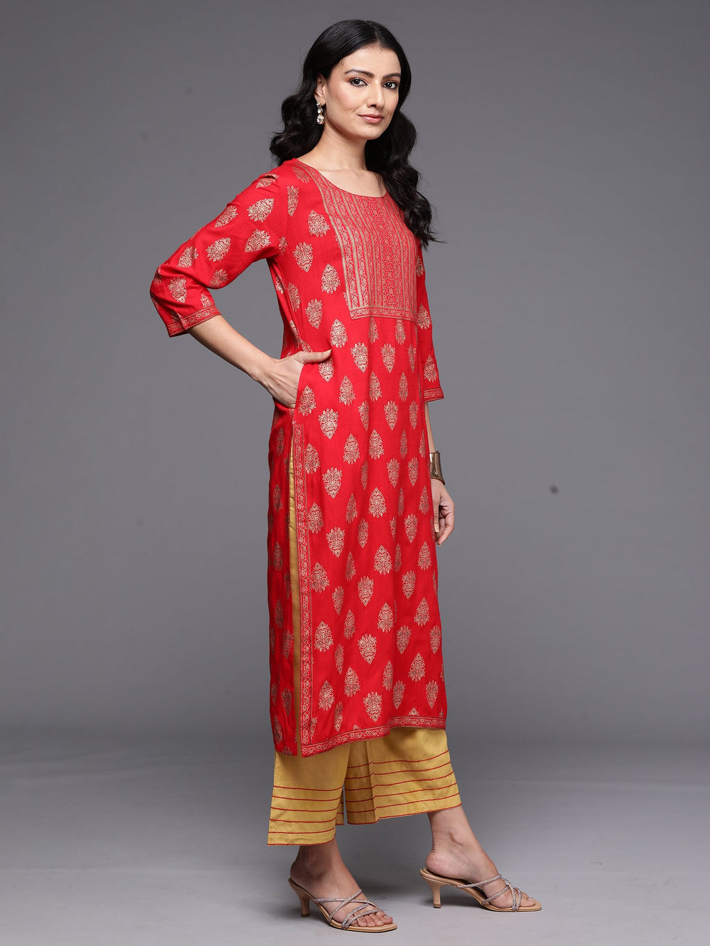 Indo Era Red Printed Straight Kurta