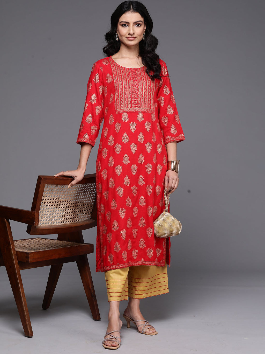 Indo Era Red Printed Straight Kurta