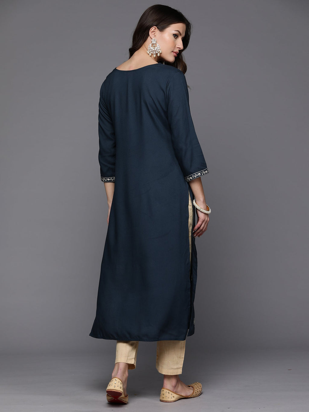 Indo Era Teal Embroidered Straight Kurta