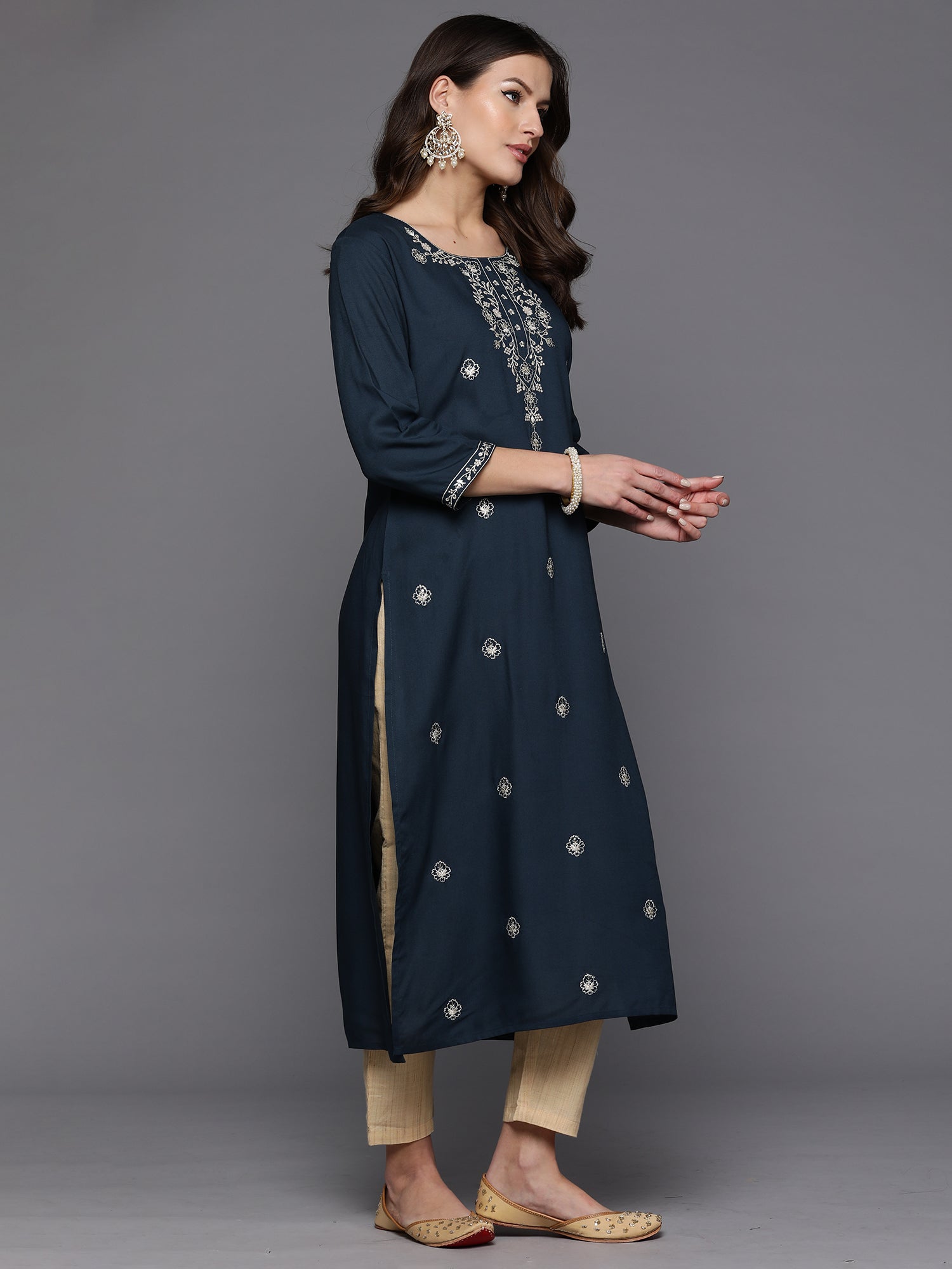 Indo Era Teal Embroidered Straight Kurta
