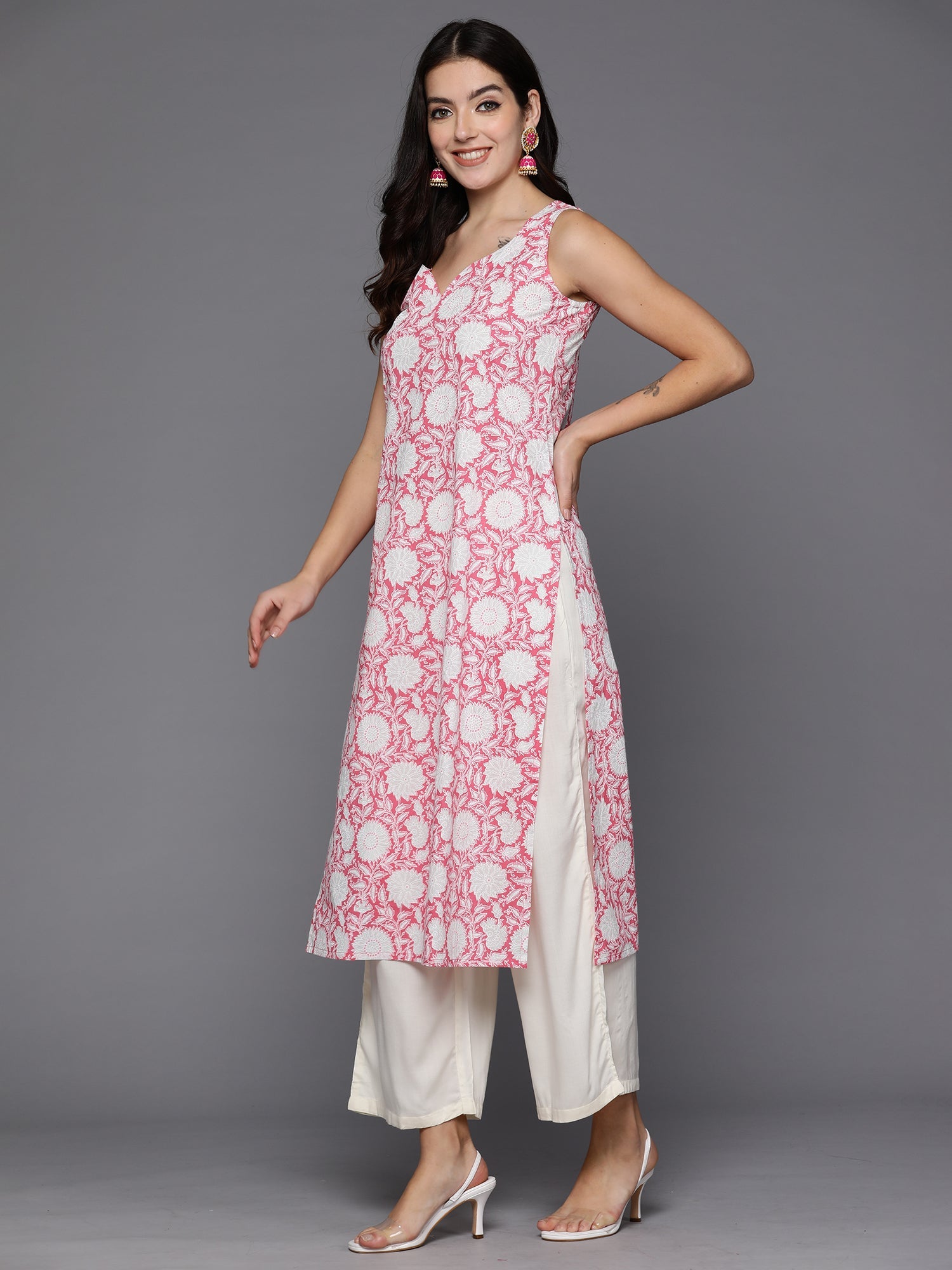 Indo Era Pink Printed Straight Kurta
