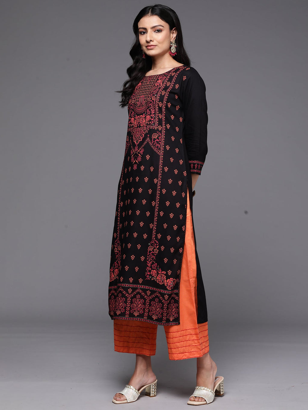Indo Era Black Printed Straight Kurta