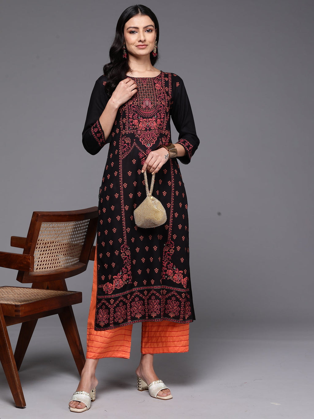 Indo Era Black Printed Straight Kurta
