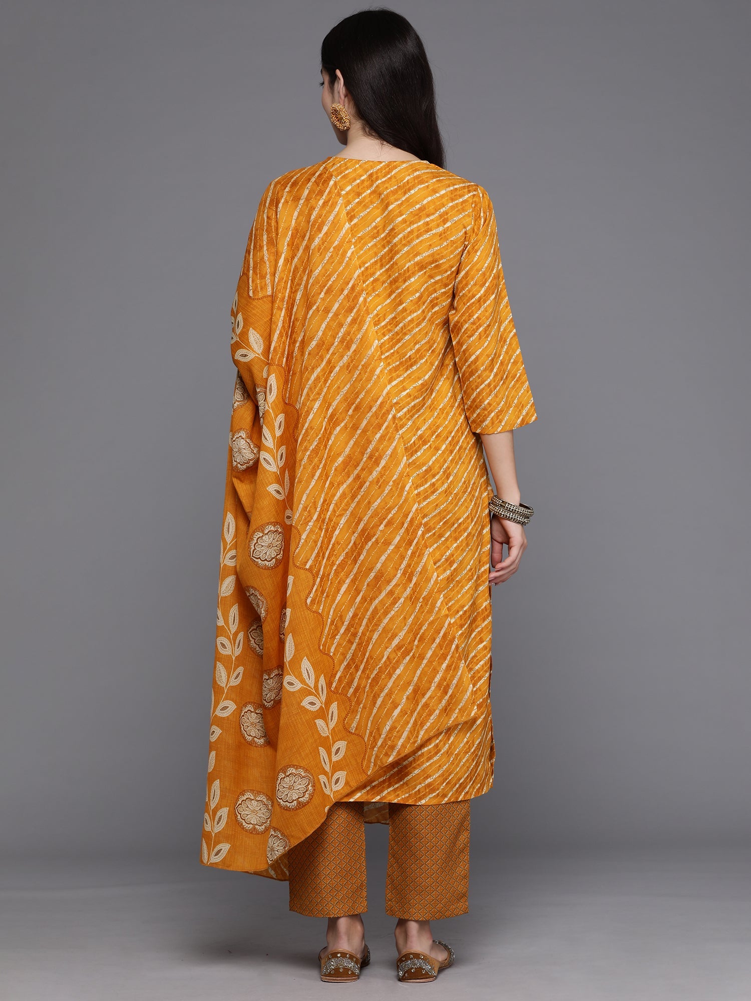 Indo Era Mustard Printed Straight Kurta Trousers With Dupatta set