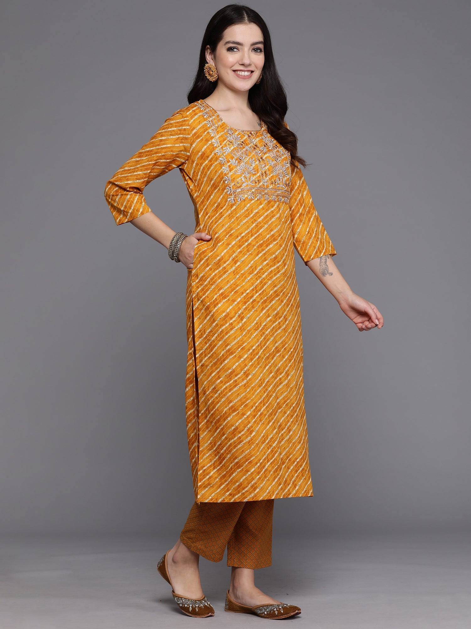 Indo Era Mustard Printed Straight Kurta Trousers With Dupatta set