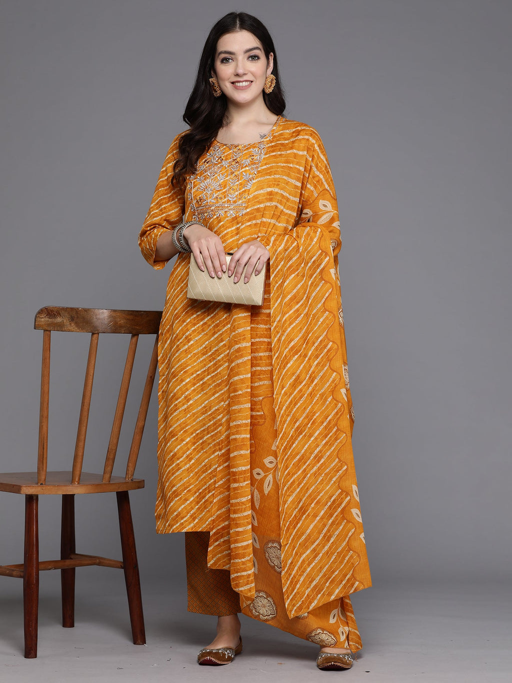 Indo Era Mustard Printed Straight Kurta Trousers With Dupatta set