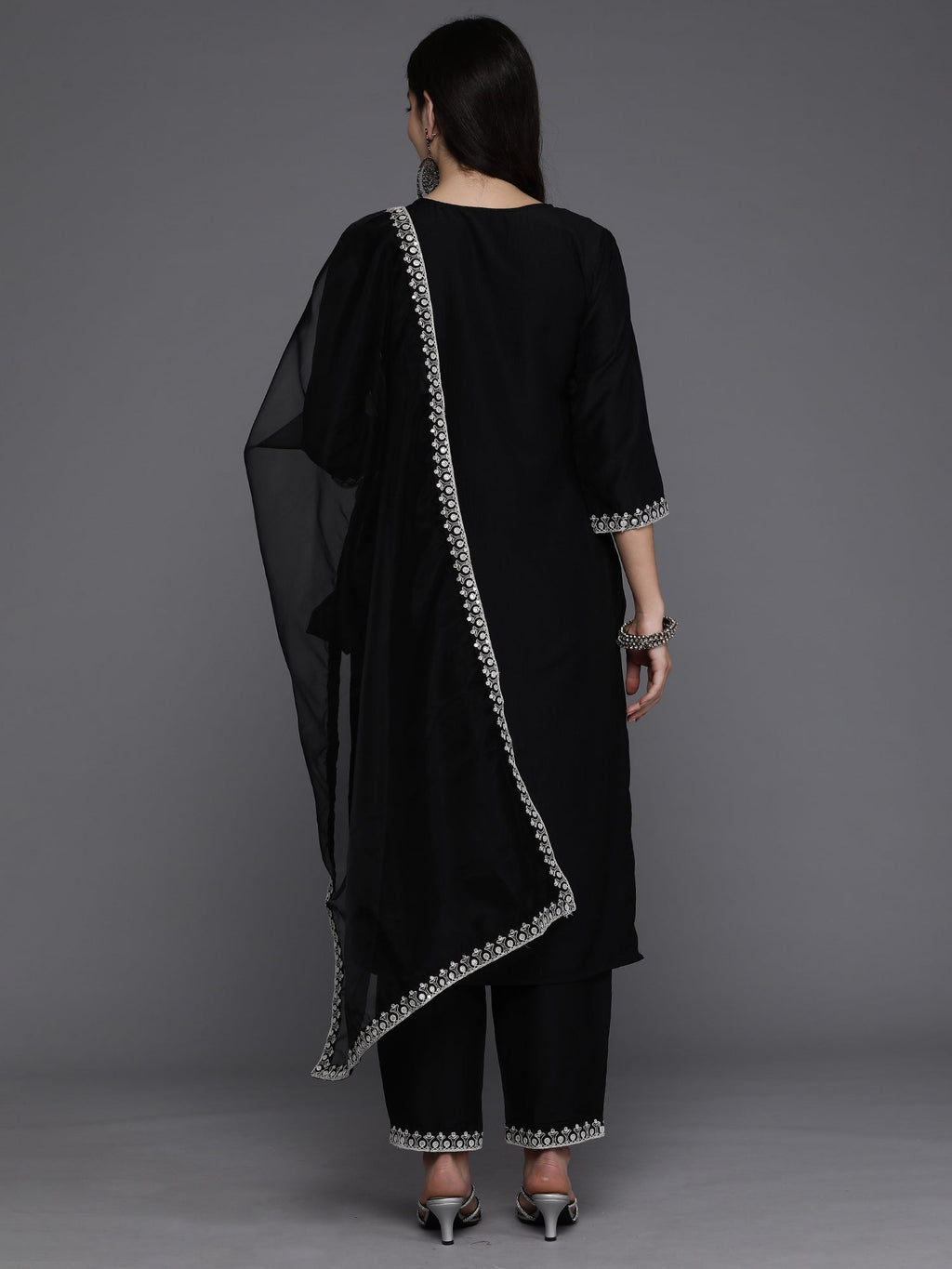 Indo Era Black Embroidered Straight Kurta Trousers With Dupatta set