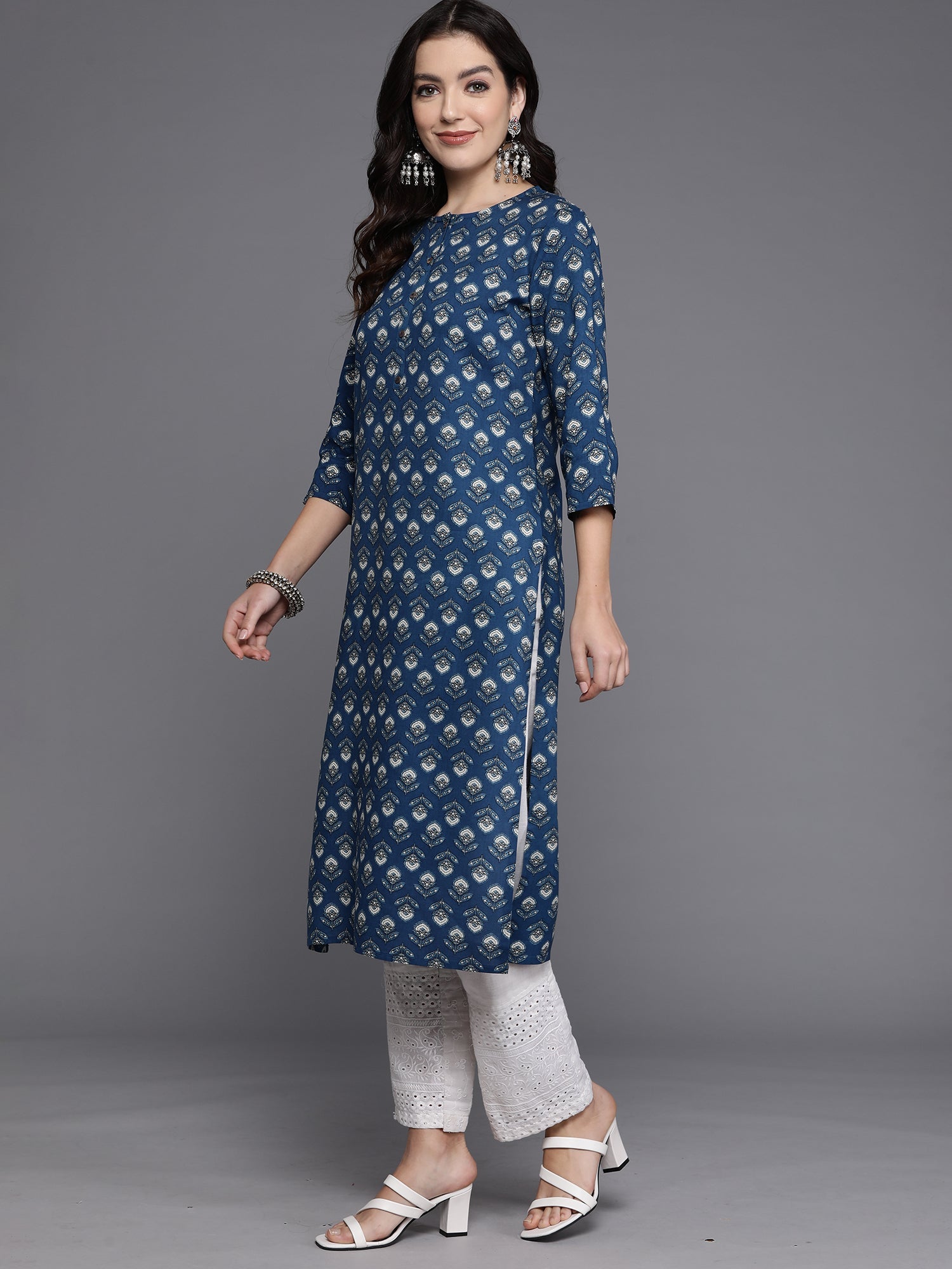 Indo Era Navy Blue Printed Straight Kurta