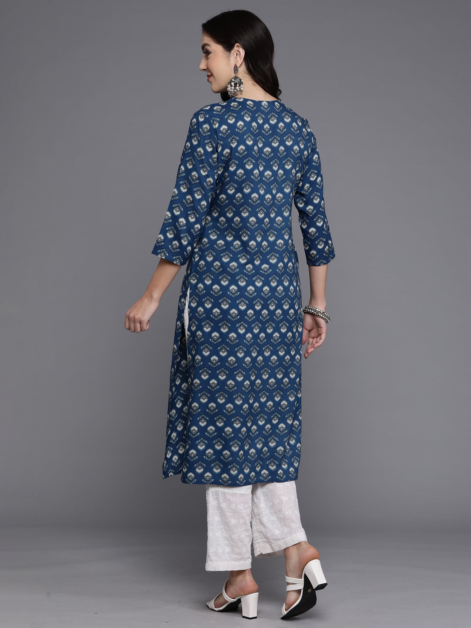 Indo Era Navy Blue Printed Straight Kurta