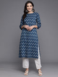 Indo Era Navy Blue Printed Straight Kurta