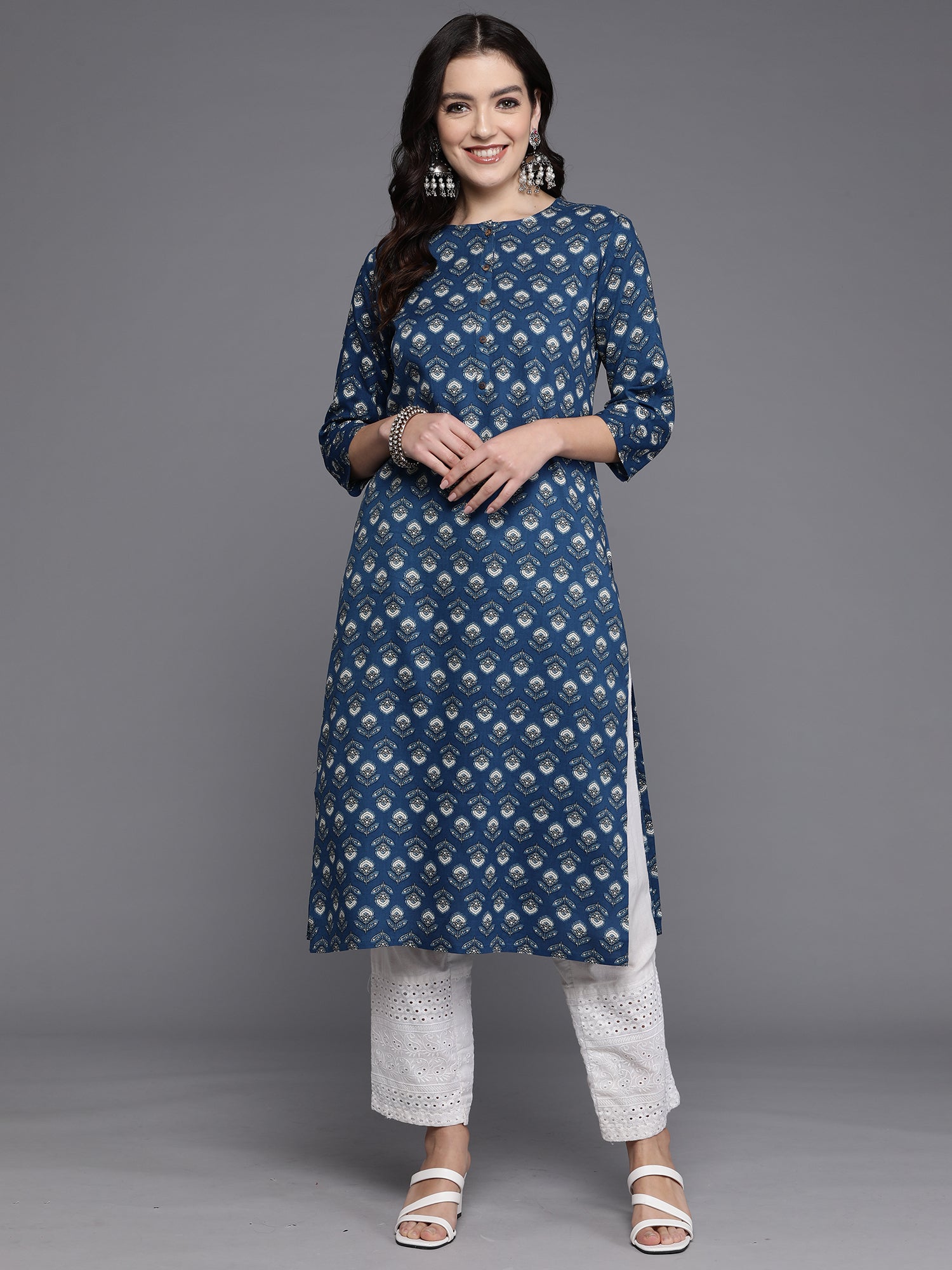Indo Era Navy Blue Printed Straight Kurta