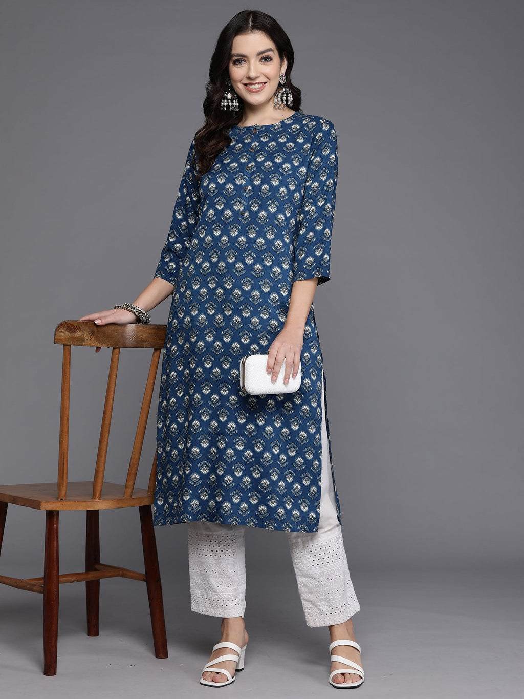 Indo Era Navy Blue Printed Straight Kurta
