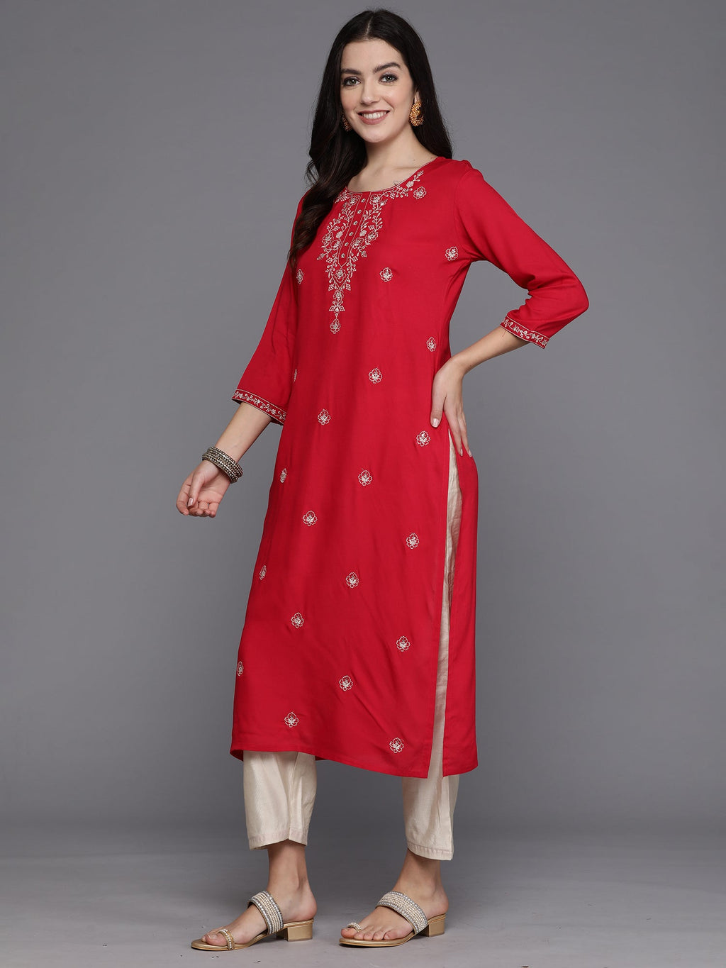Indo Era Magenta Embroidered Straight Kurta