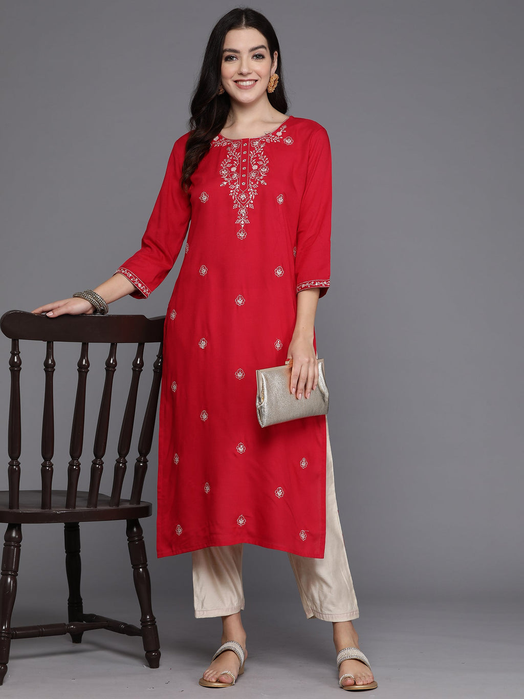 Indo Era Magenta Embroidered Straight Kurta
