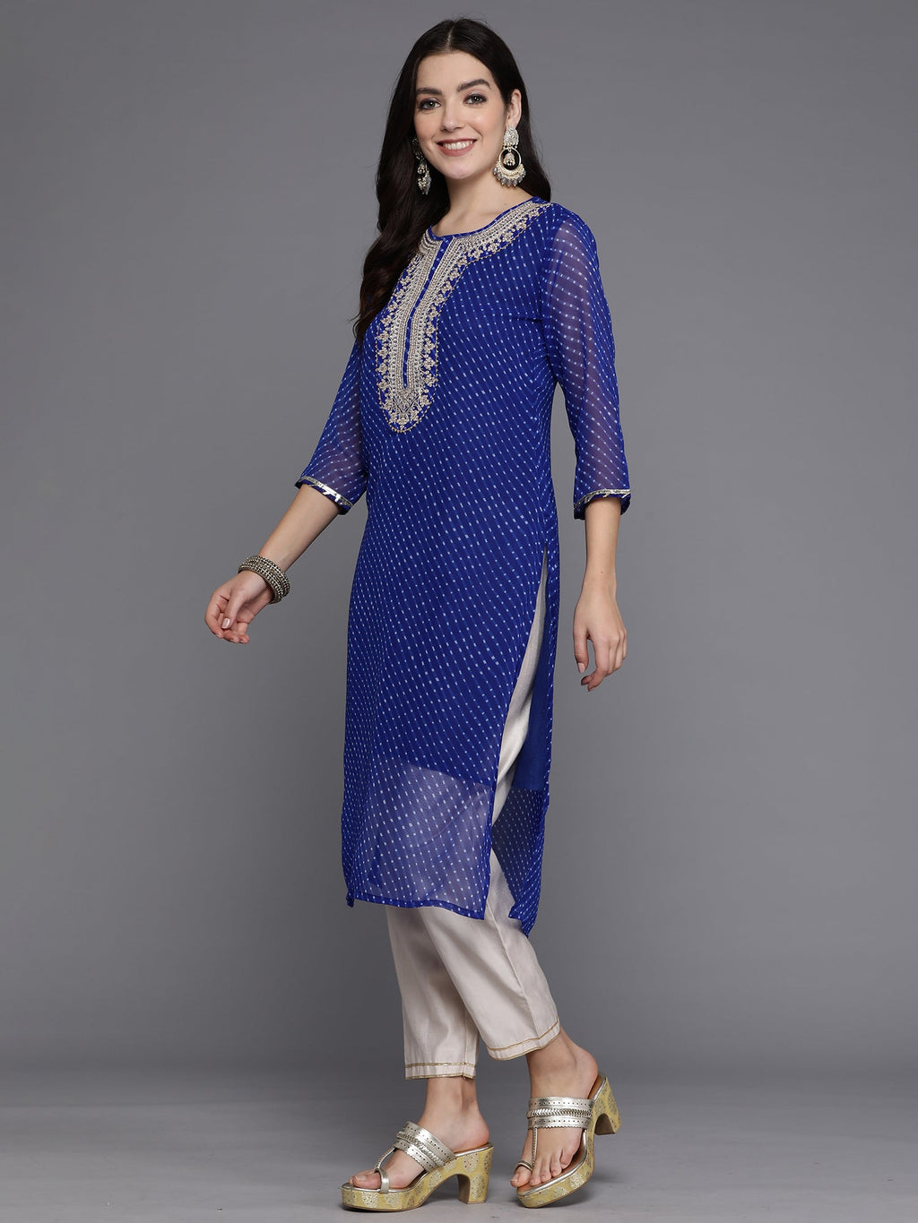 Indo Era Blue Printed Straight Kurta