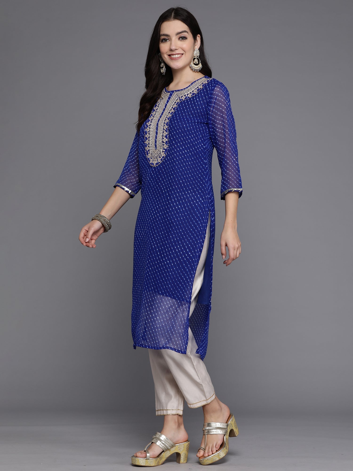 Indo Era Blue Printed Straight Kurta