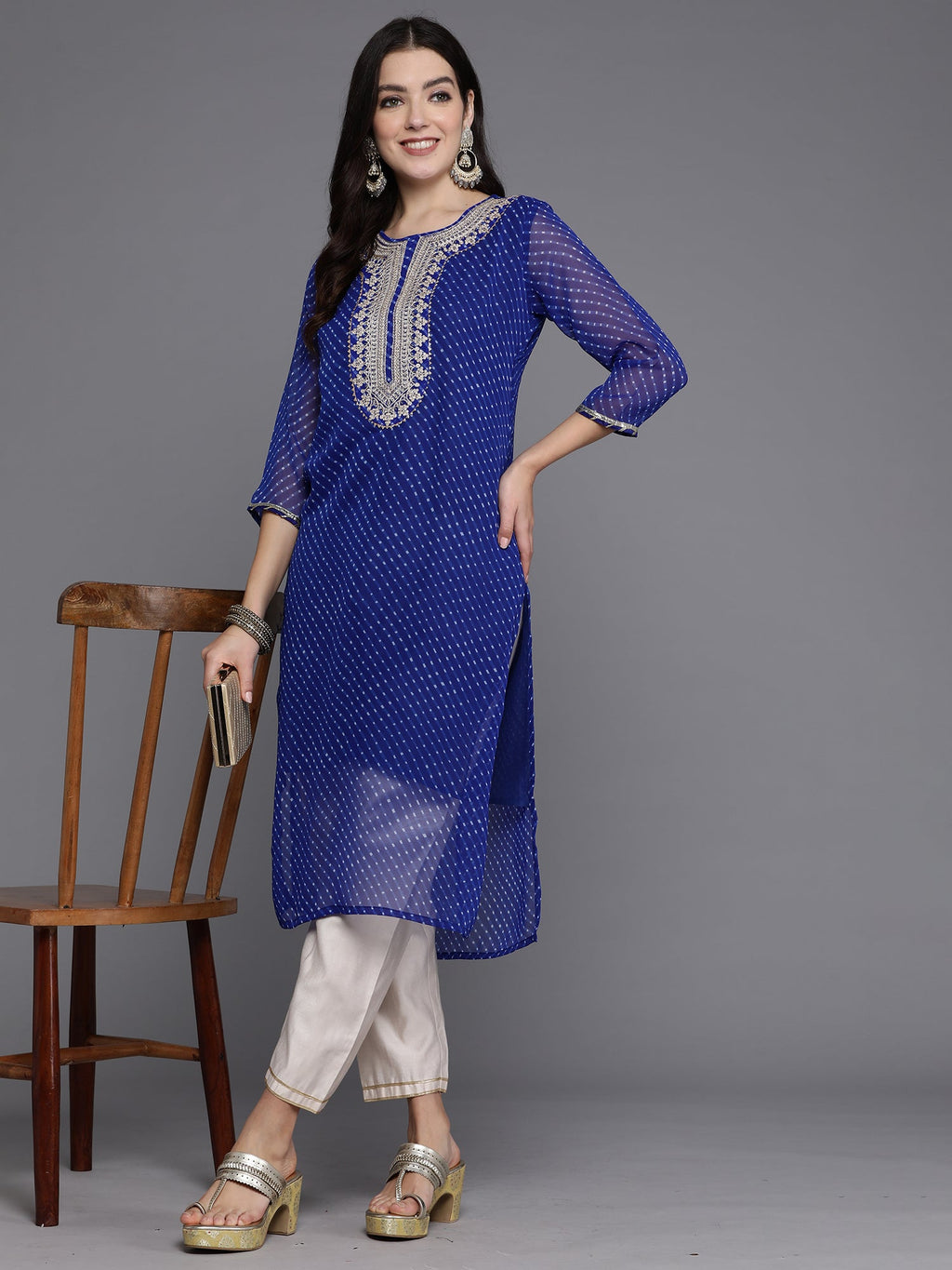 Indo Era Blue Printed Straight Kurta
