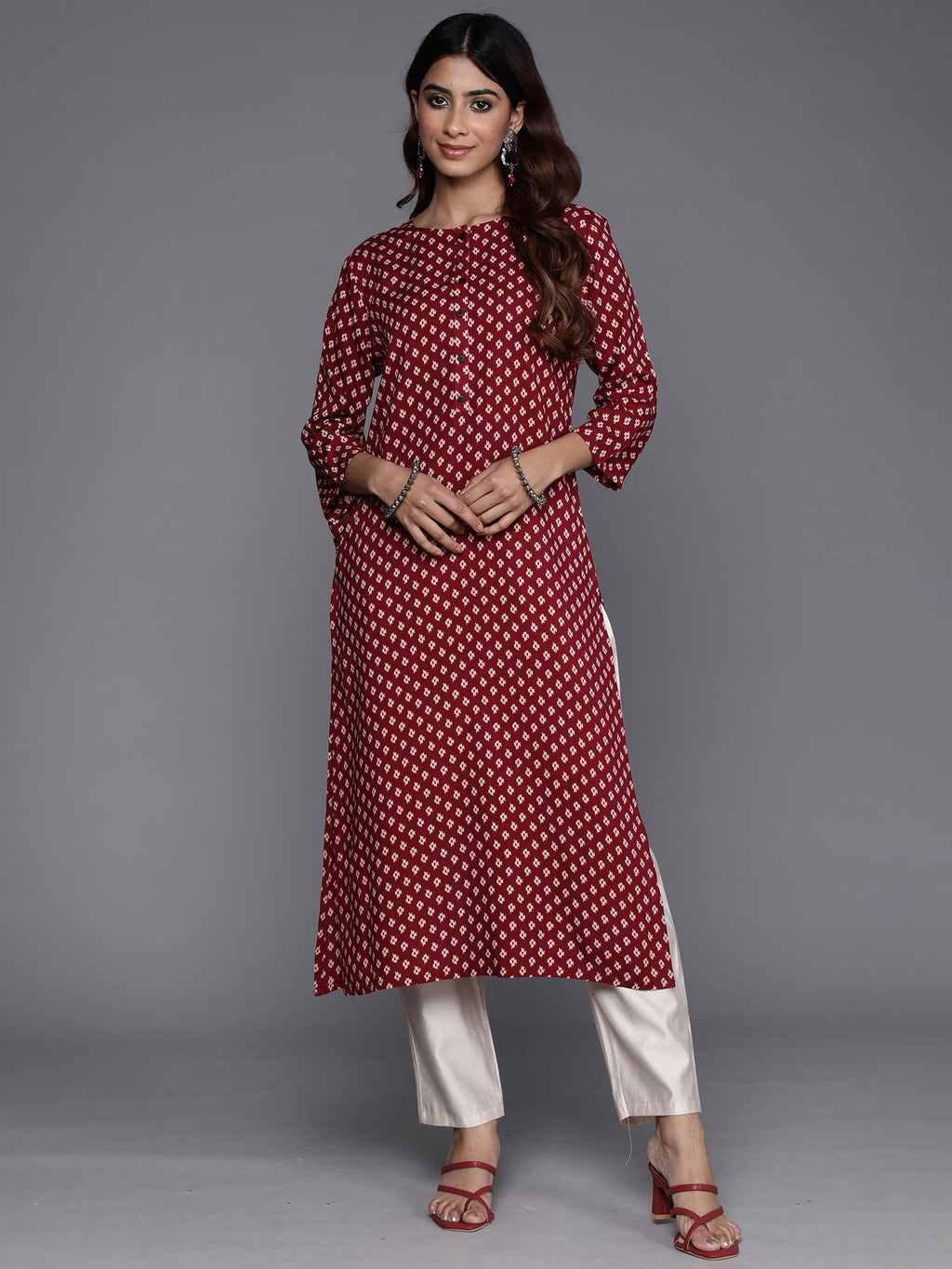 Indo Era Maroon Printed Straight Kurta