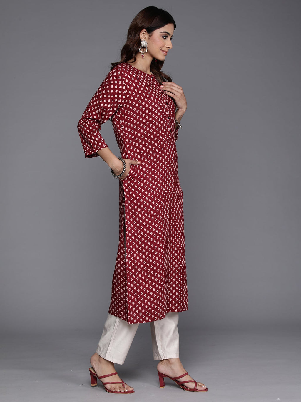 Indo Era Maroon Printed Straight Kurta
