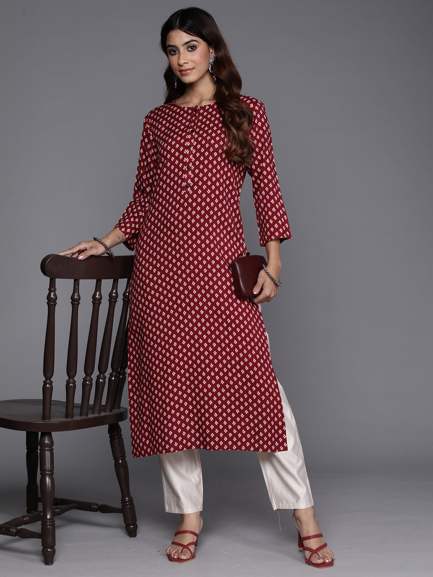 Indo Era Maroon Printed Straight Kurta