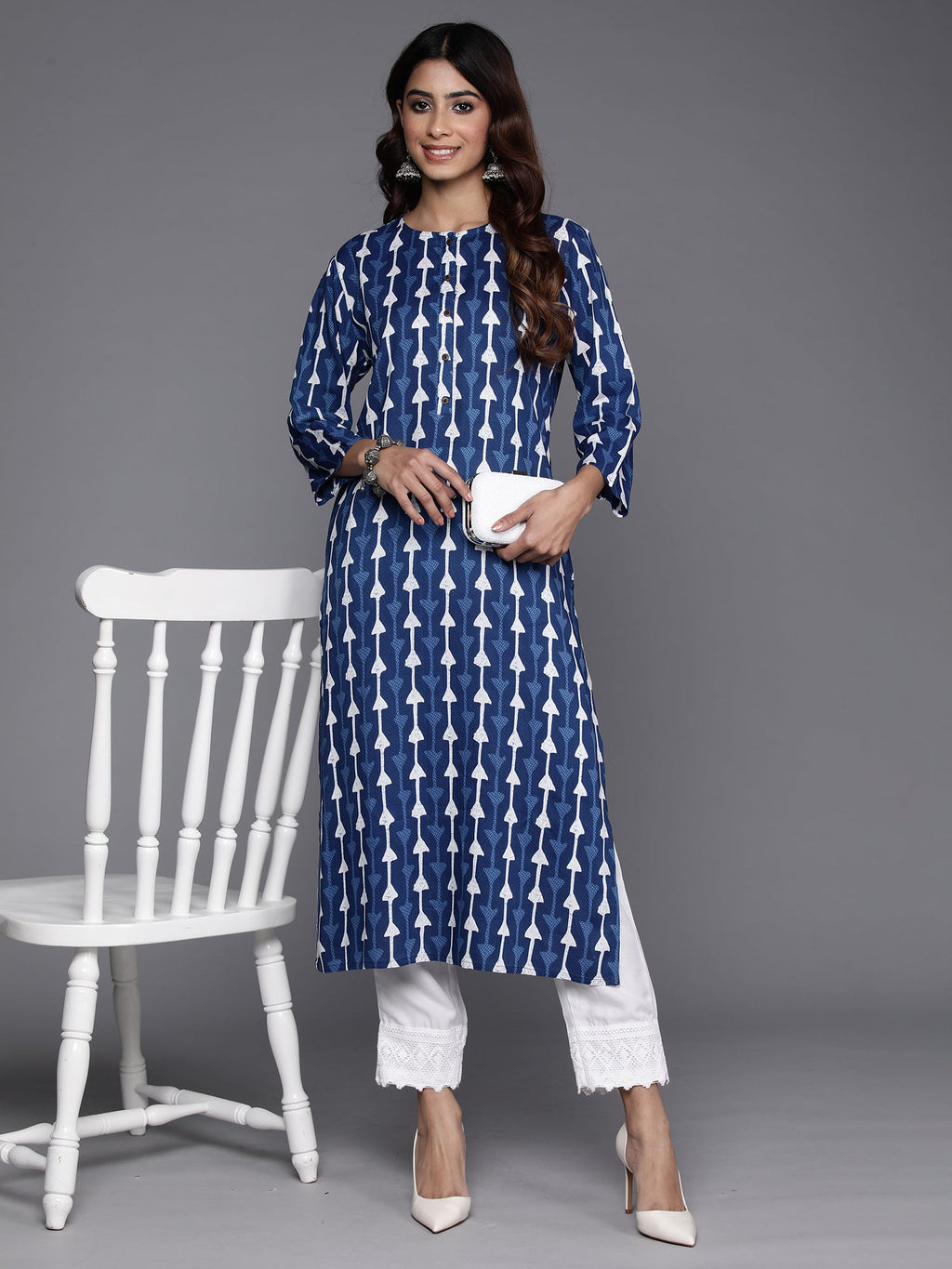 Indo Era Navy Blue Printed Straight Kurta