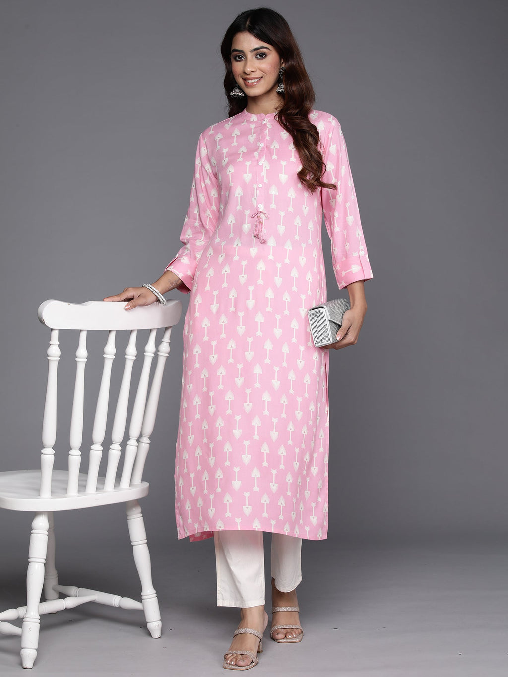 Indo Era Pink Printed Straight Kurta