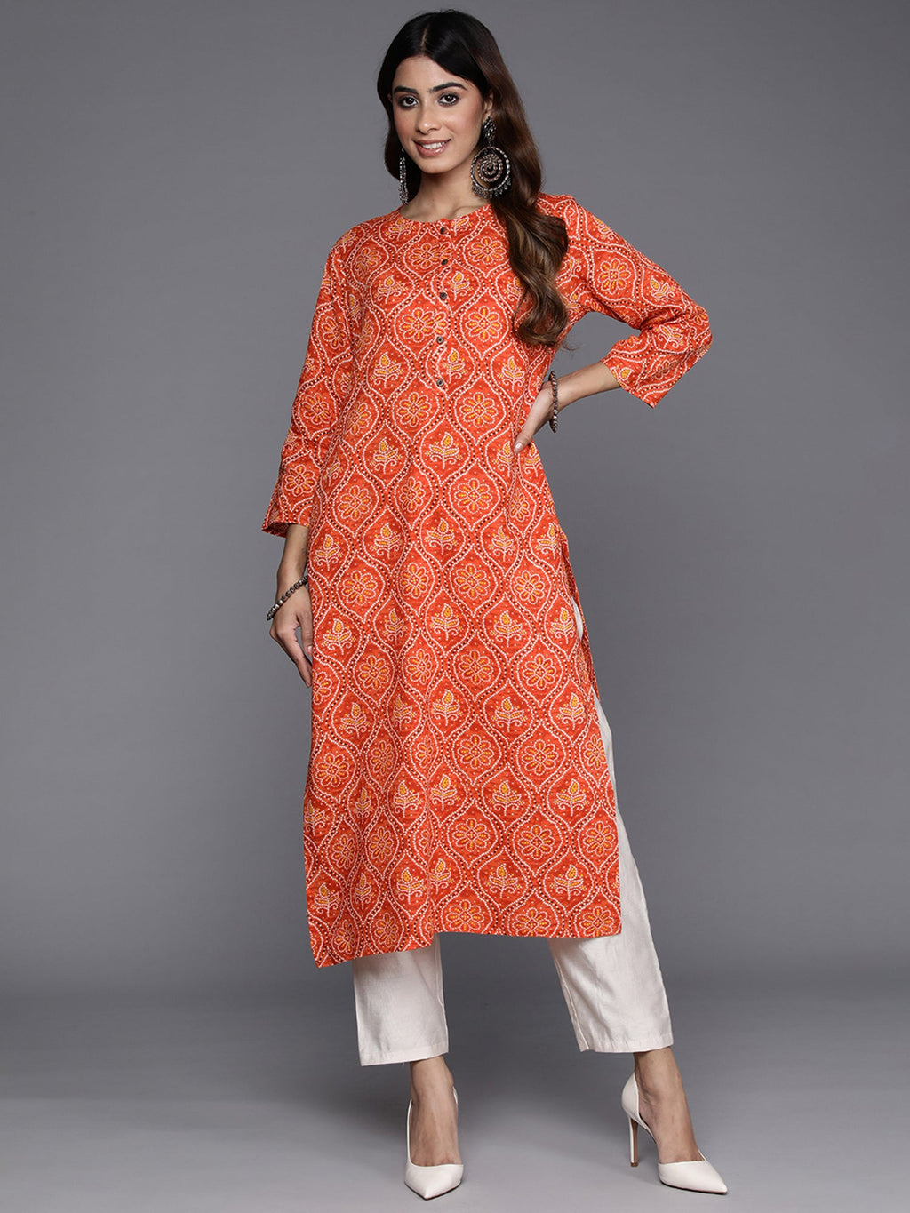 Indo Era Orange Printed Straight Kurta