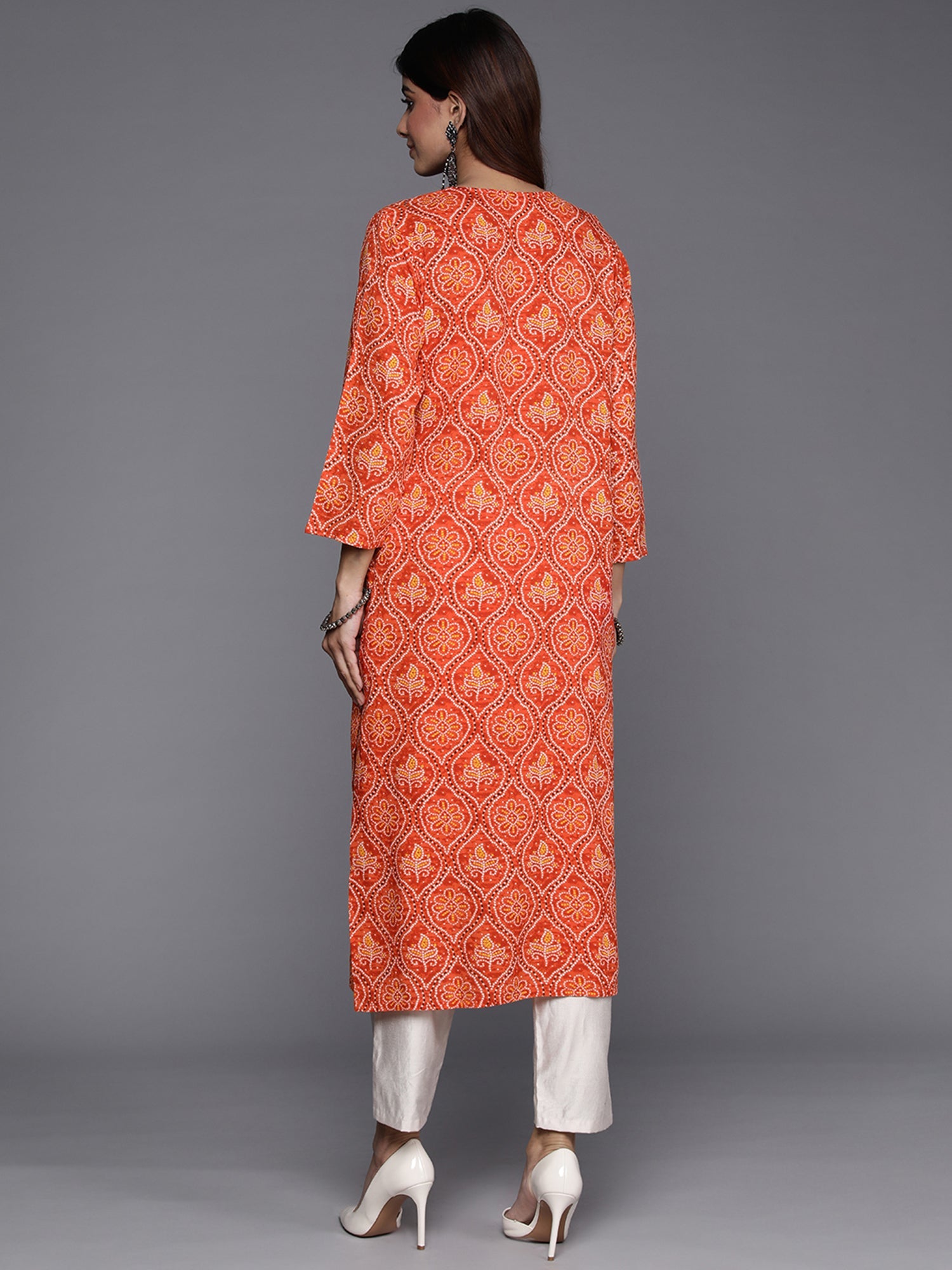 Indo Era Orange Printed Straight Kurta