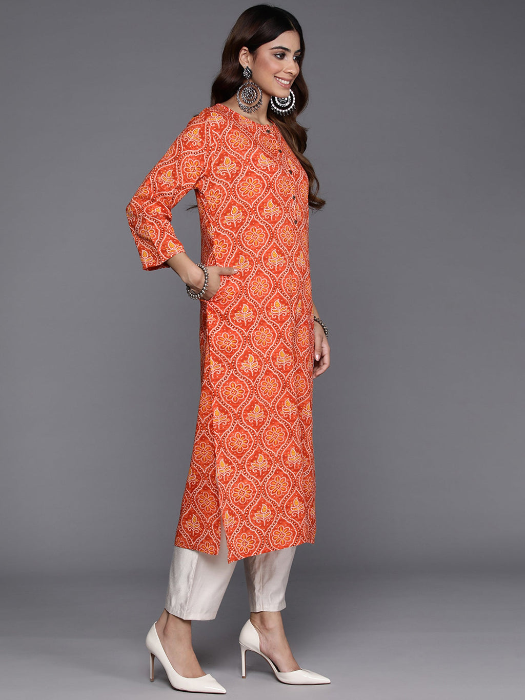 Indo Era Orange Printed Straight Kurta