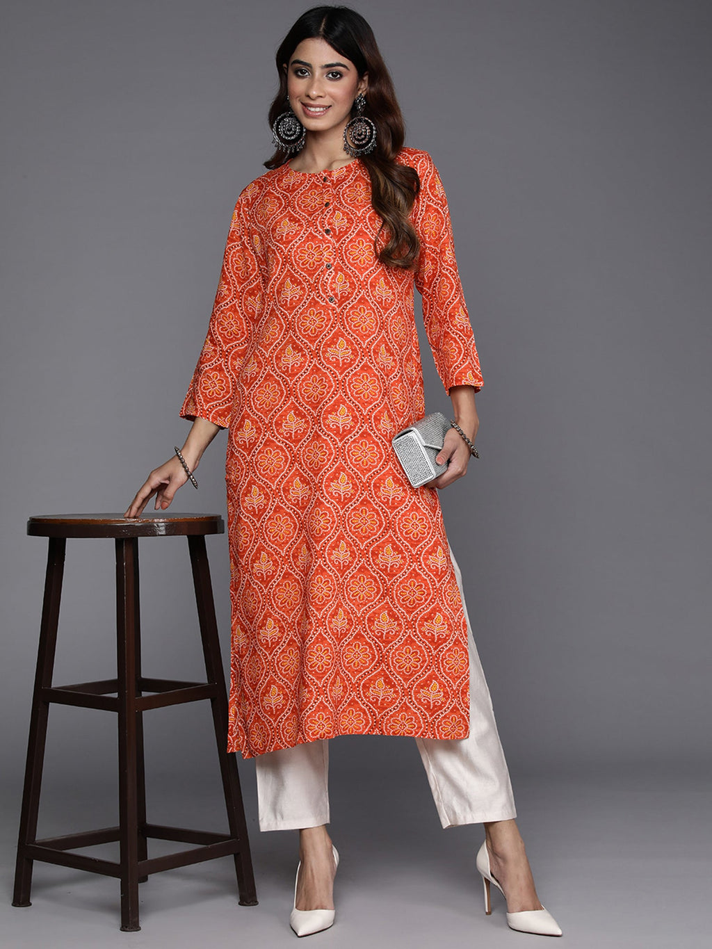 Indo Era Orange Printed Straight Kurta