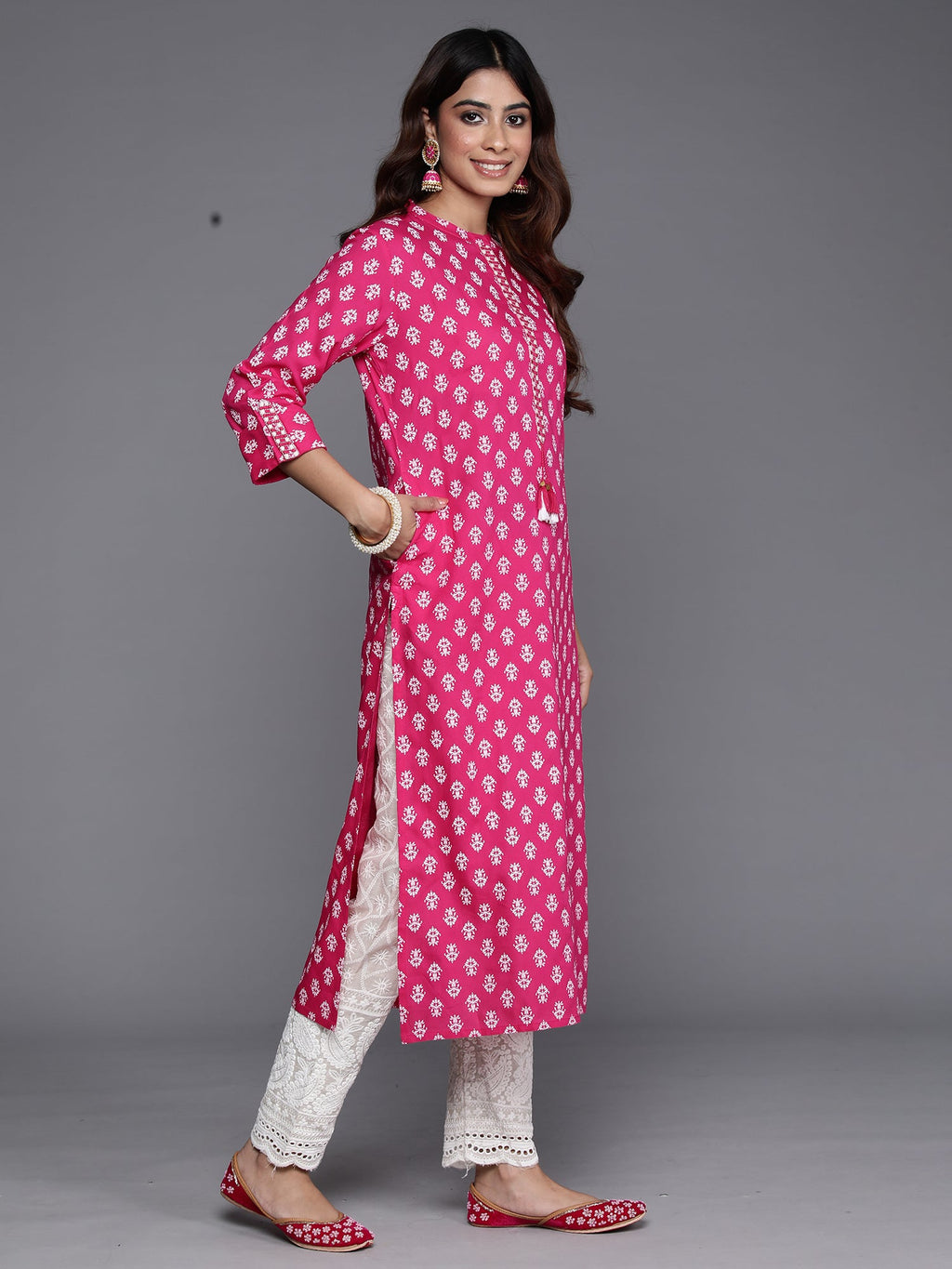Indo Era Pink Printed Straight Kurta