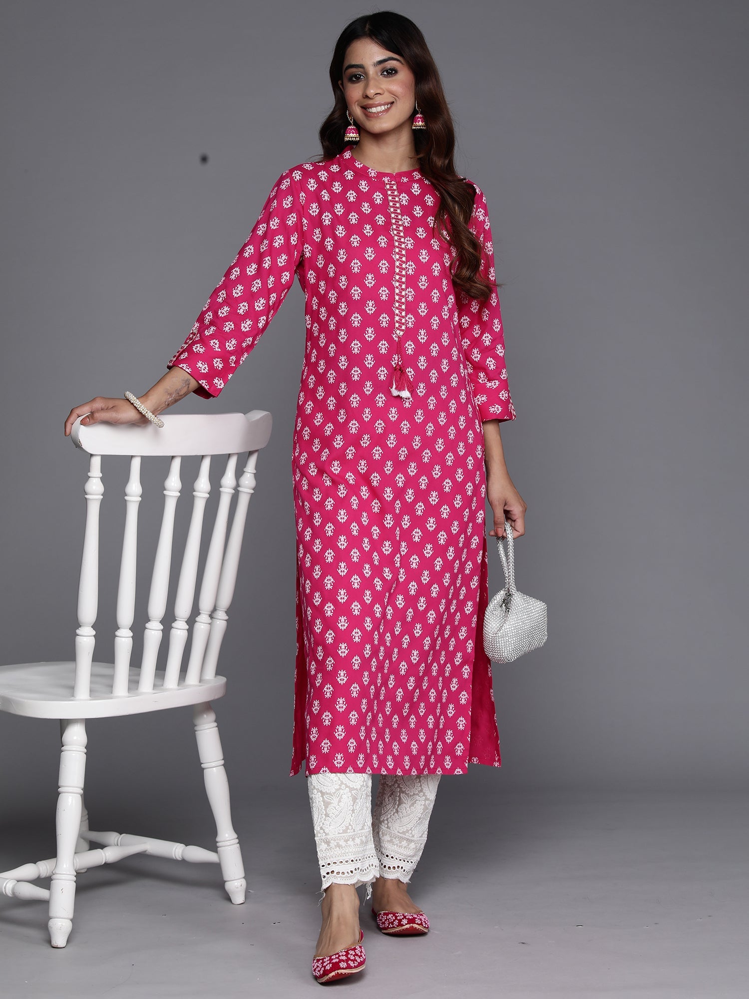 Indo Era Pink Printed Straight Kurta