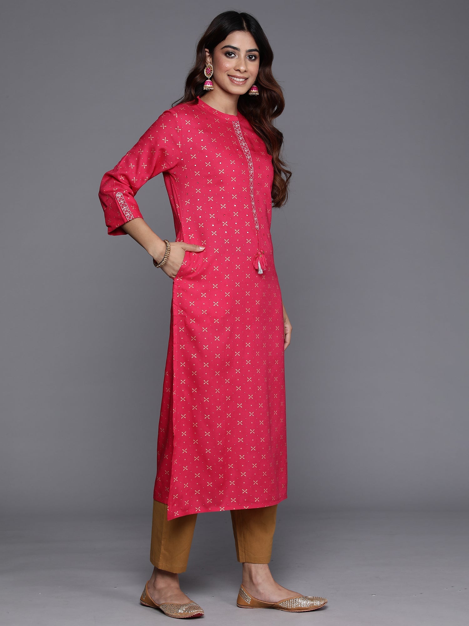 Indo Era Pink Printed Straight Kurta
