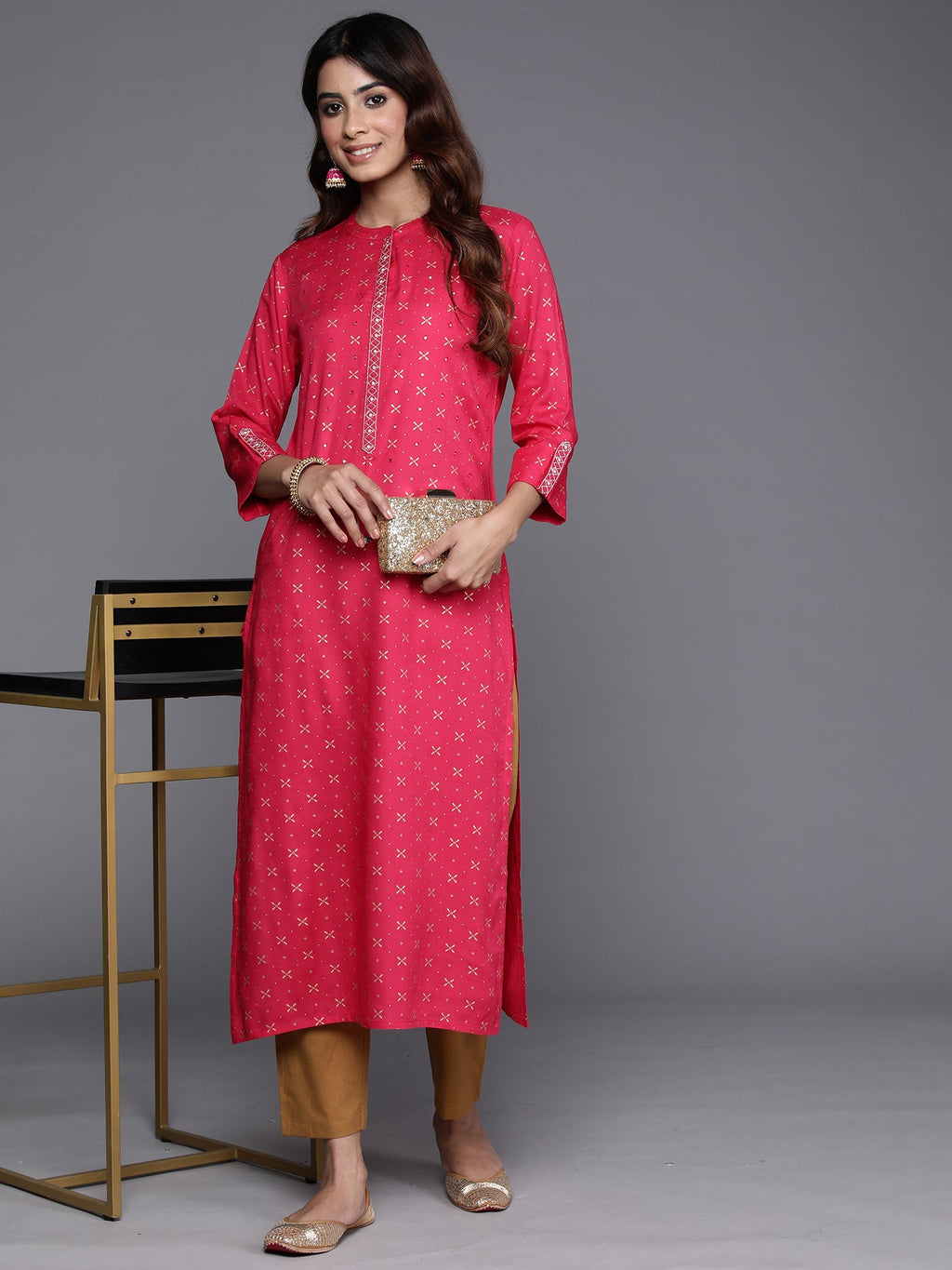 Indo Era Pink Printed Straight Kurta