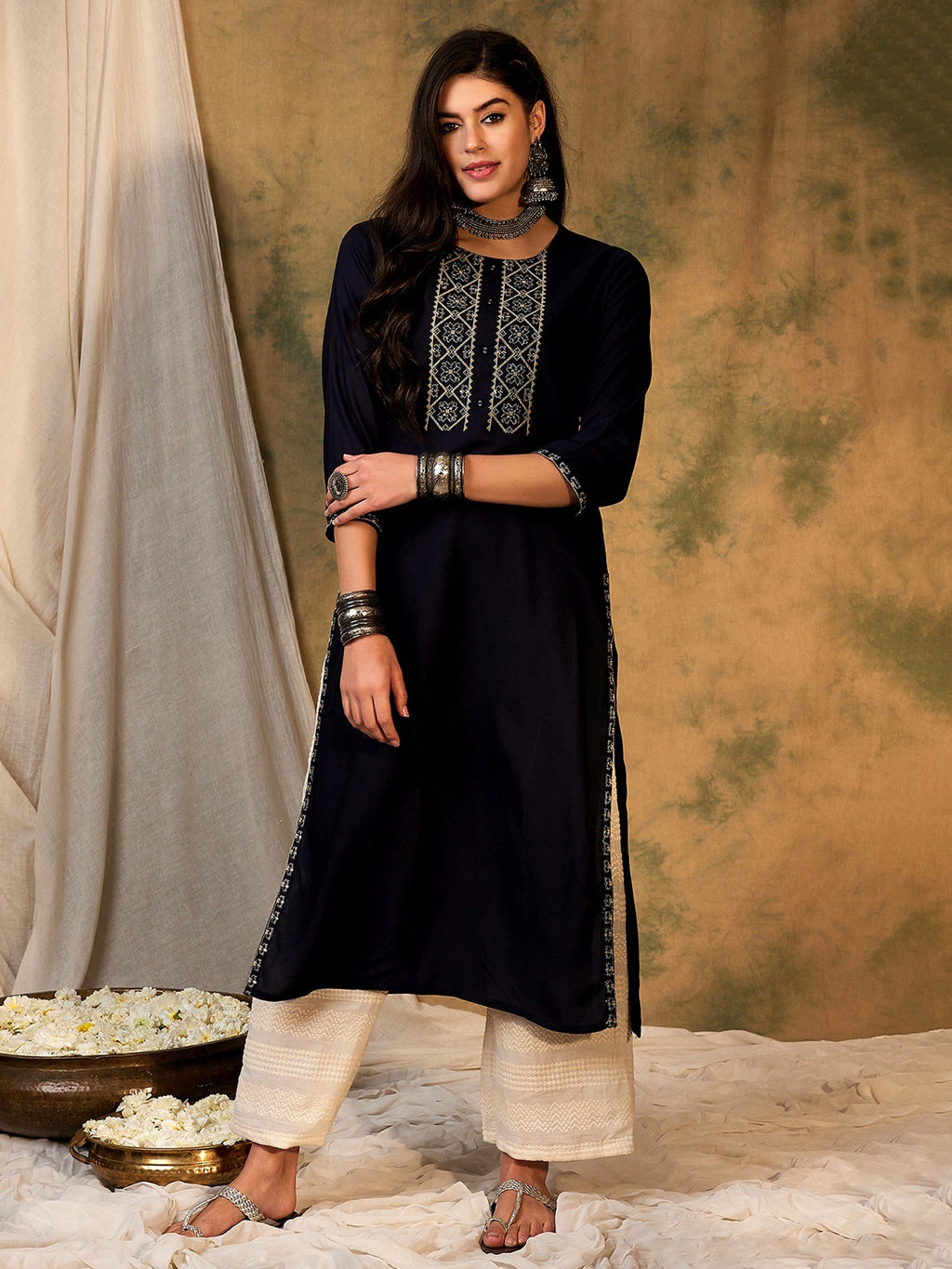 Indo Era Navy Blue Embroidered Straight Kurta