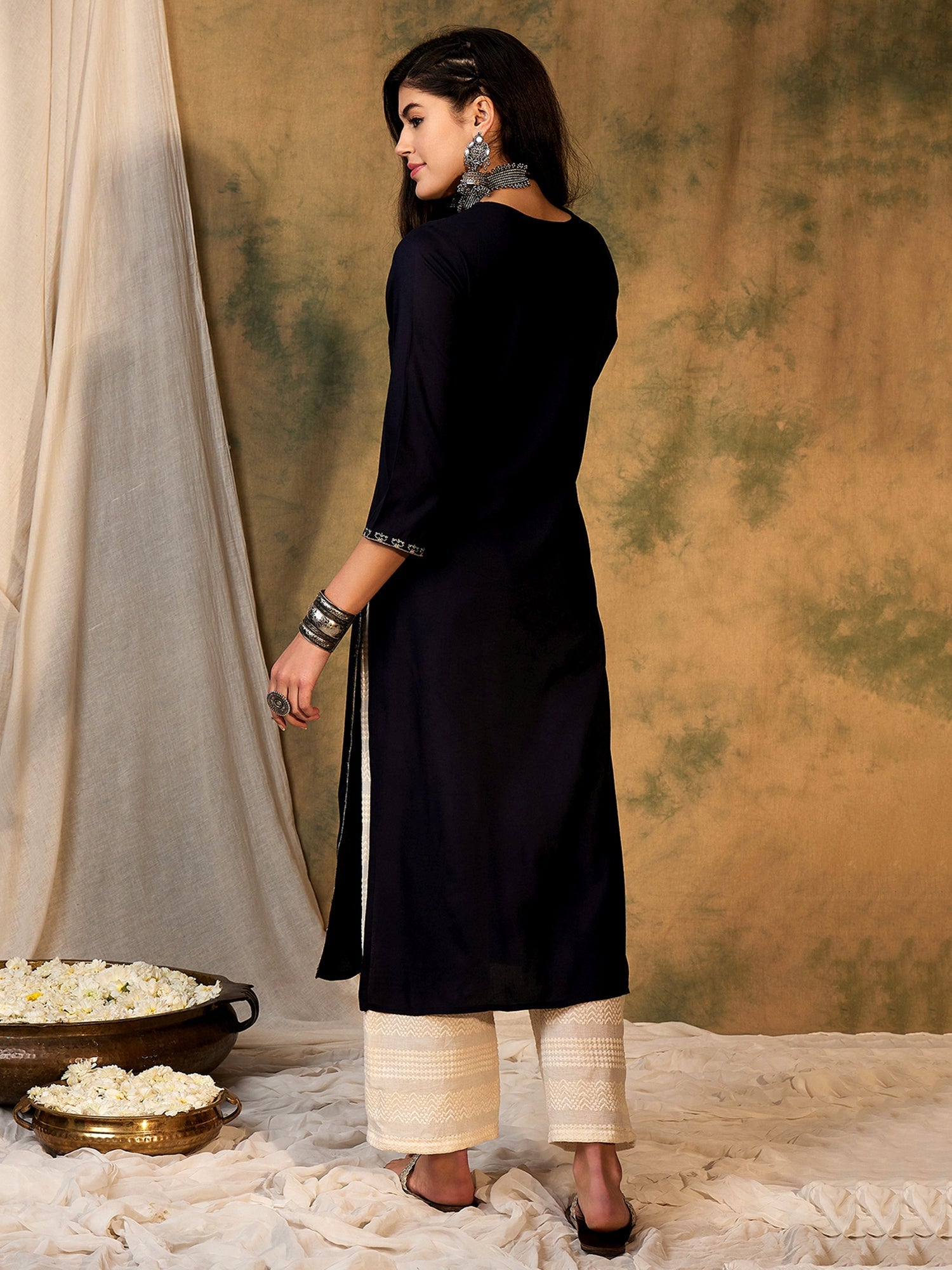 Indo Era Navy Blue Embroidered Straight Kurta