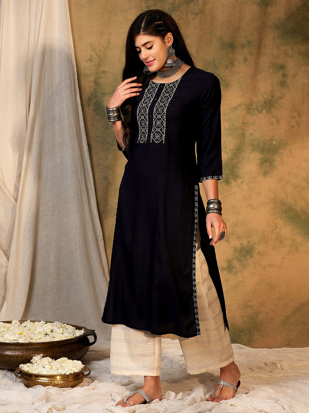 Indo Era Navy Blue Embroidered Straight Kurta