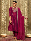 Indo Era Magenta Embroidered Straight Kurta Trousers With Dupatta set