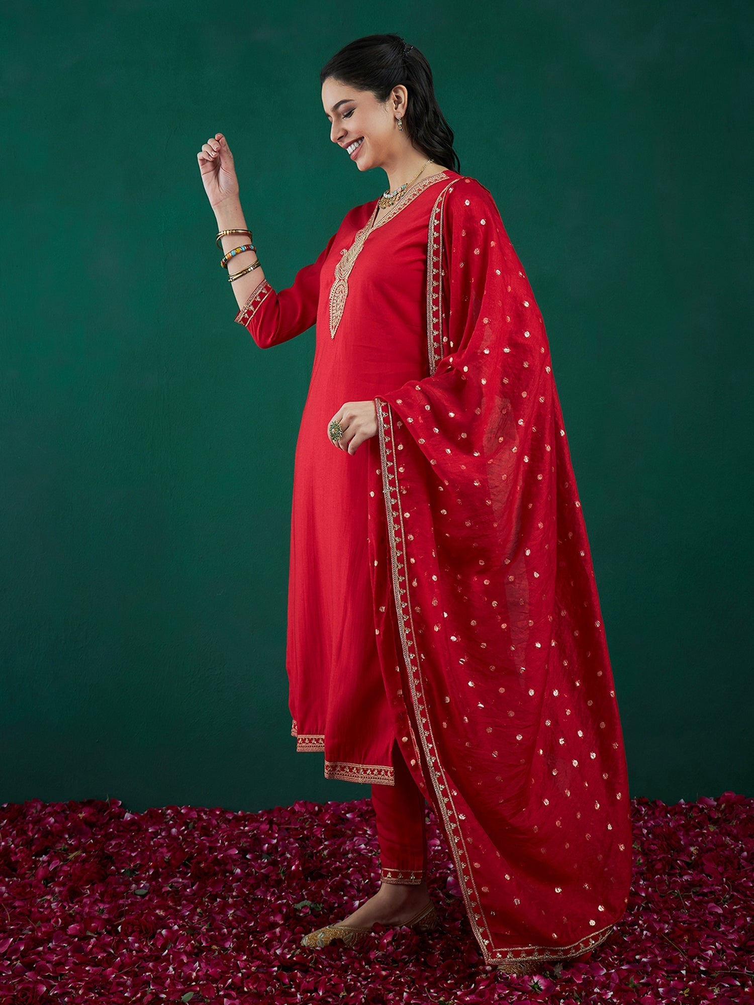 Indo Era Red Embroidered Straight Kurta Trousers With Dupatta set