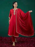 Indo Era Red Embroidered Straight Kurta Trousers With Dupatta set